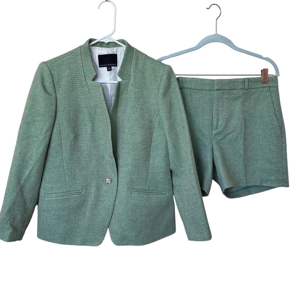 Banana Republic Womens Green Tweed Blazer Shorts Set 6 Tailored Garden Event